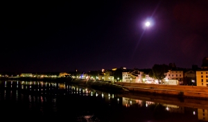 A quick shot of the town across the bridge at night.